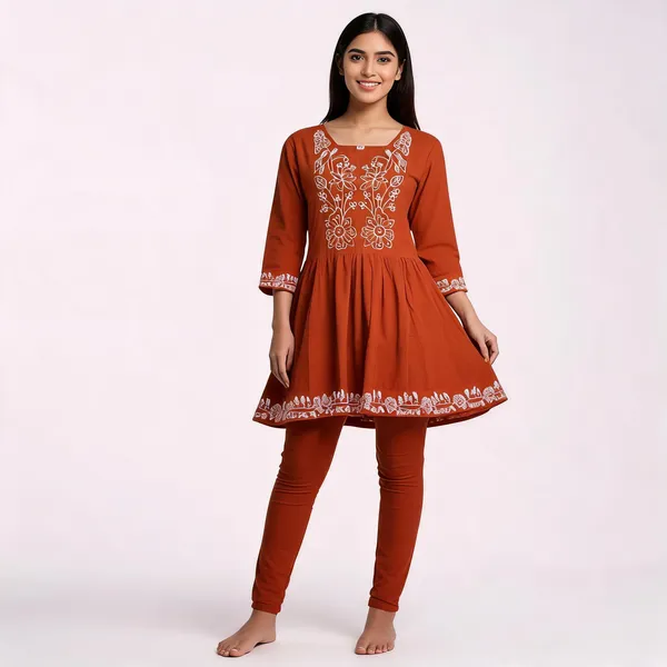 Rust_Cotton_Floral_Embroidered_Flared_Kurti_For_Women