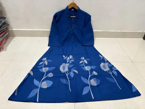 Blue_Cotton_A-Line_Floral_Embroidered_Kurta_For_Women