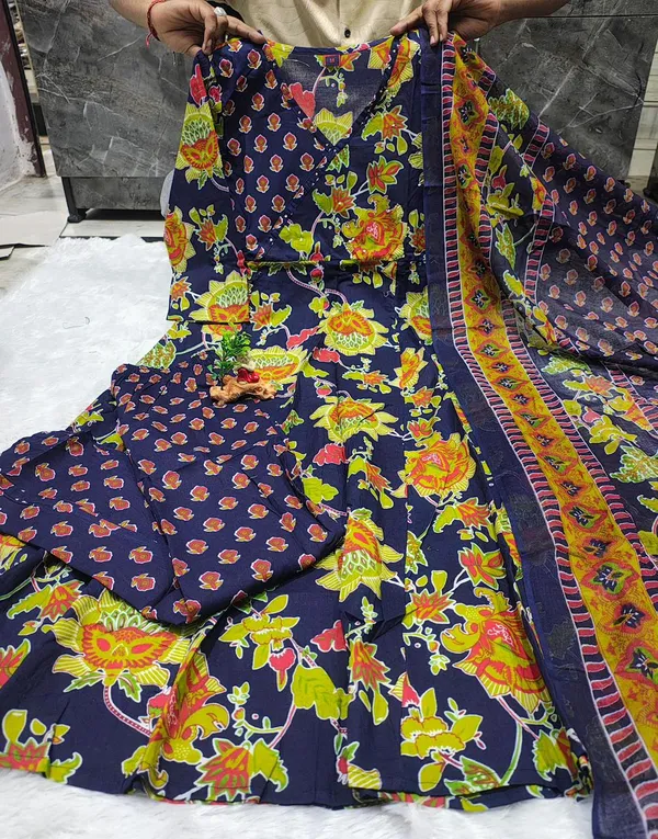 Navy_Cotton_Floral_Print_Anarkali_Kurta_Set_With_Dupatta_For_Women