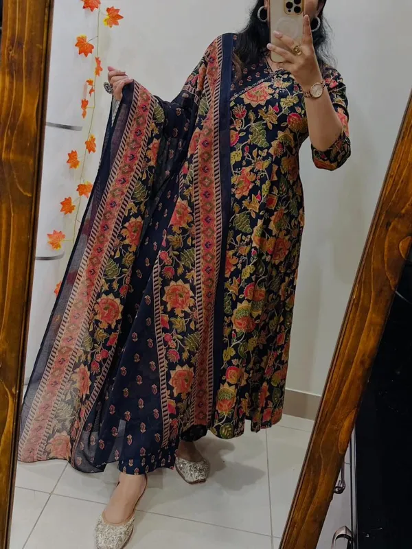 Navy_Cotton_Floral_Print_Anarkali_Kurta_Set_With_Dupatta_For_Women