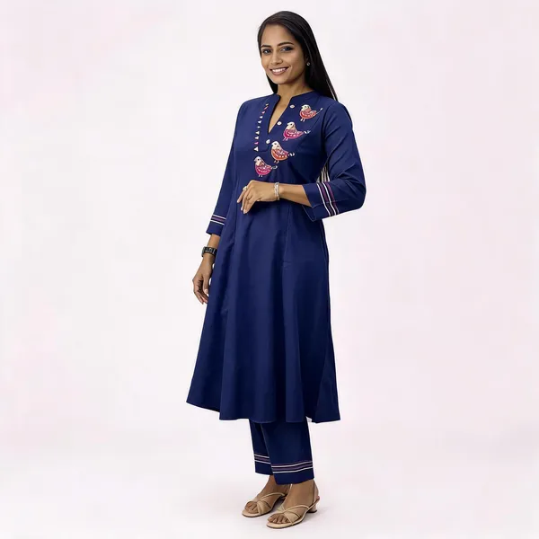Navy_Blue_Cotton_Bird_Embroidered_Anarkali_Kurta_Set_For_Women