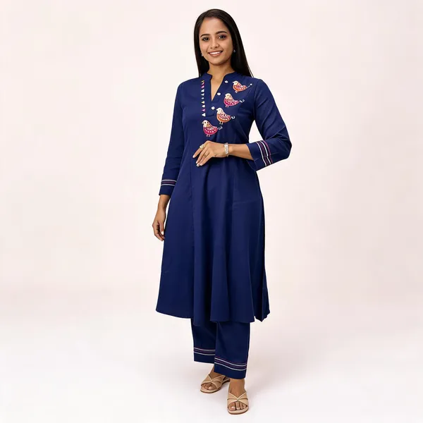 Navy_Blue_Cotton_Bird_Embroidered_Anarkali_Kurta_Set_For_Women