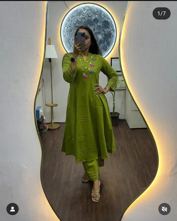 Green_Cotton_Embroidered_Anarkali_Kurta_Set_For_Women