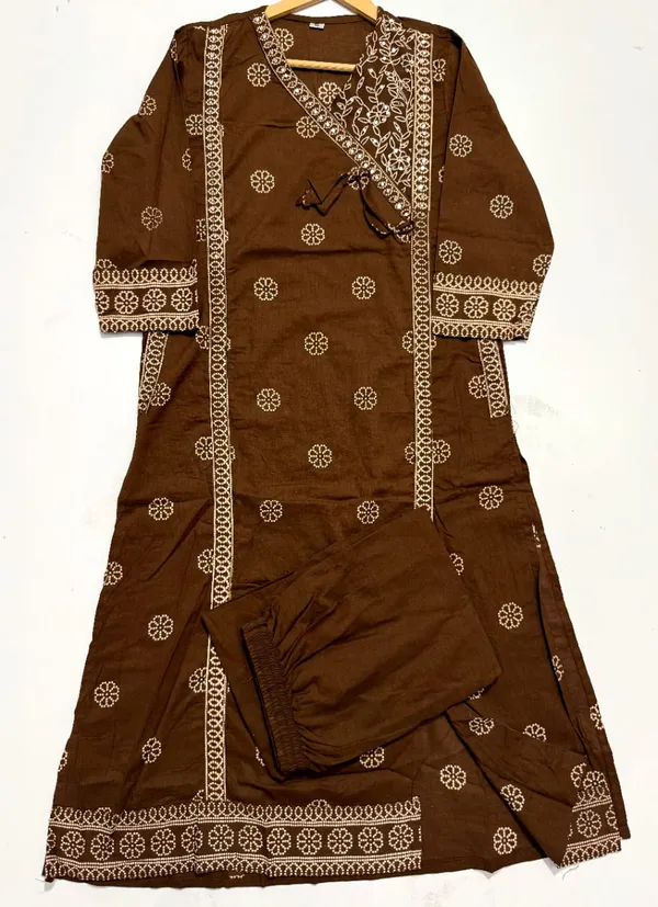 Rust_color_Angrakha_A_line_Beautiful_Front_Cut_kurta_with_both_side_pocket_set_with_new_style_in_Discharge_print_*