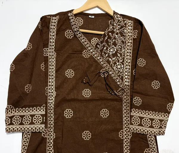 Rust_color_Angrakha_A_line_Beautiful_Front_Cut_kurta_with_both_side_pocket_set_with_new_style_in_Discharge_print_*
