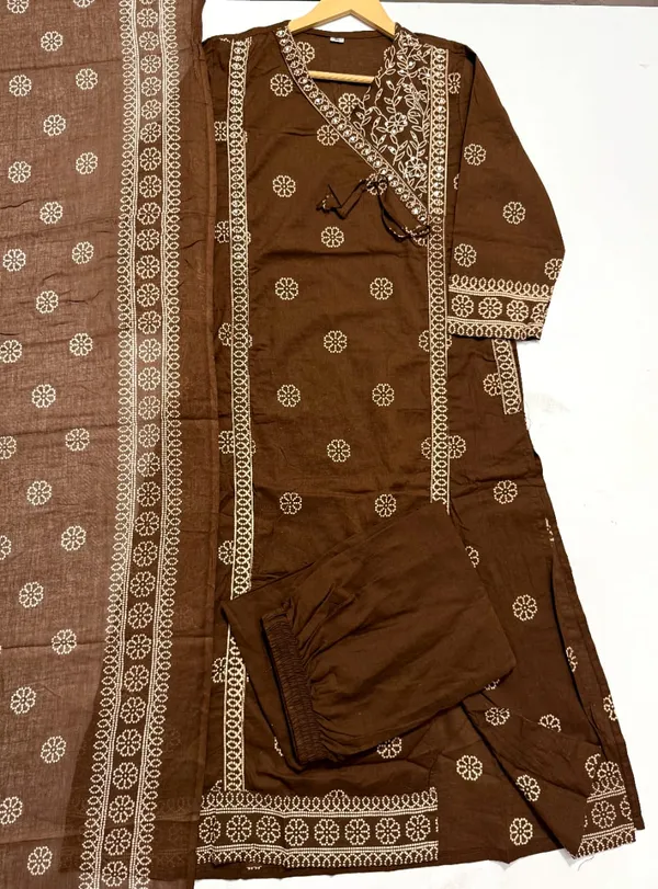Rust_color_Angrakha_A_line_Beautiful_Front_Cut_kurta_with_both_side_pocket_set_with_new_style_in_Discharge_print_*