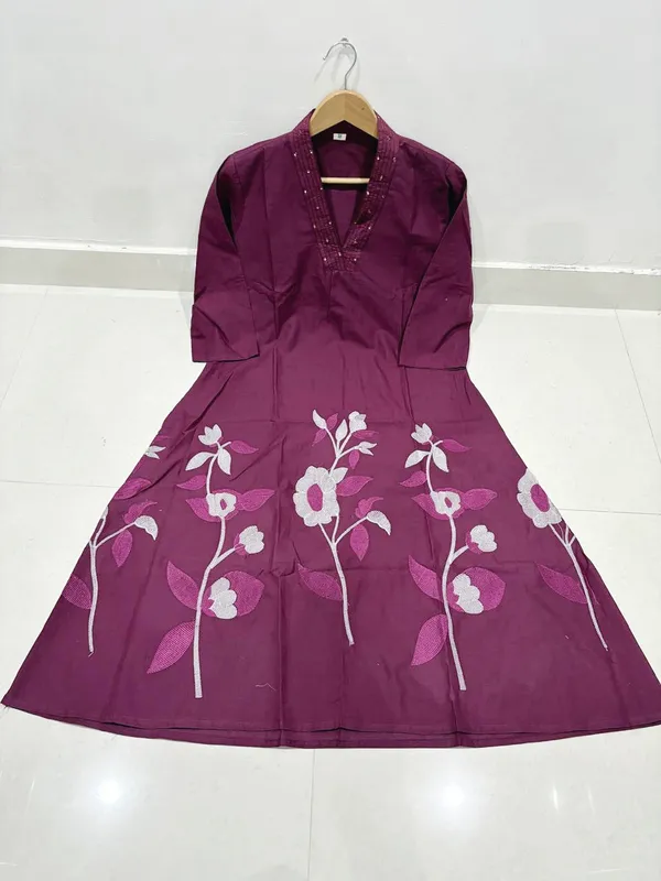 Wine_Cotton_Floral_Embroidered_Flared_Kurta_Set_For_Women