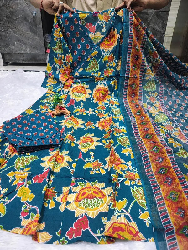 Teal_Cotton_Floral_Print_Anarkali_Suit_Set_For_Women