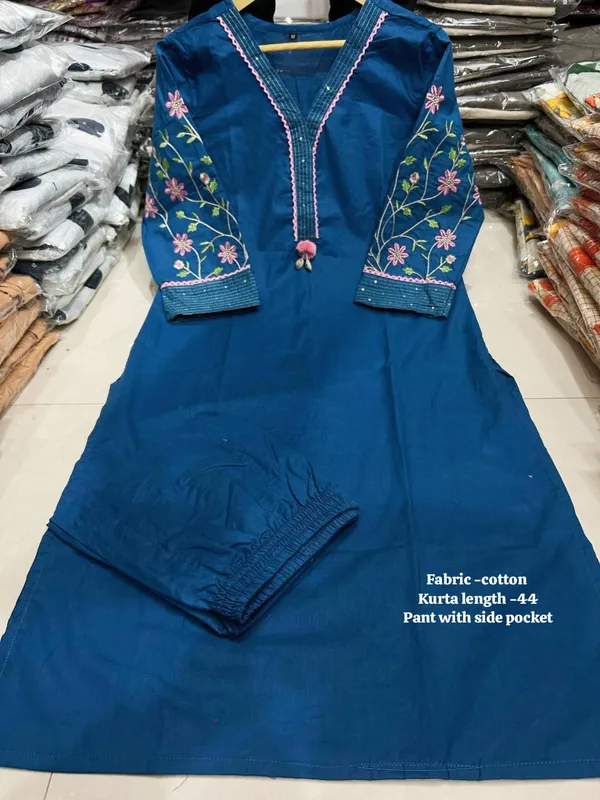 Teal_Blue_Cotton_Embroidered_Straight_Kurta_Set_For_Women