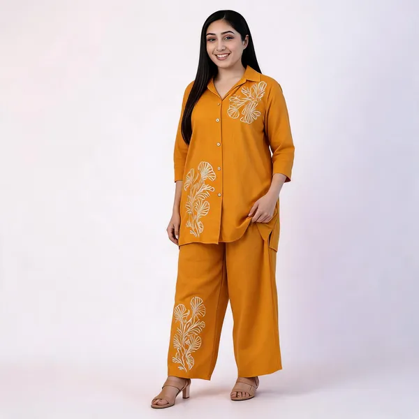 Mustard_Cotton_Floral_Embroidered_Shirt_Palazzo_Co-Ord_Set_For_Women