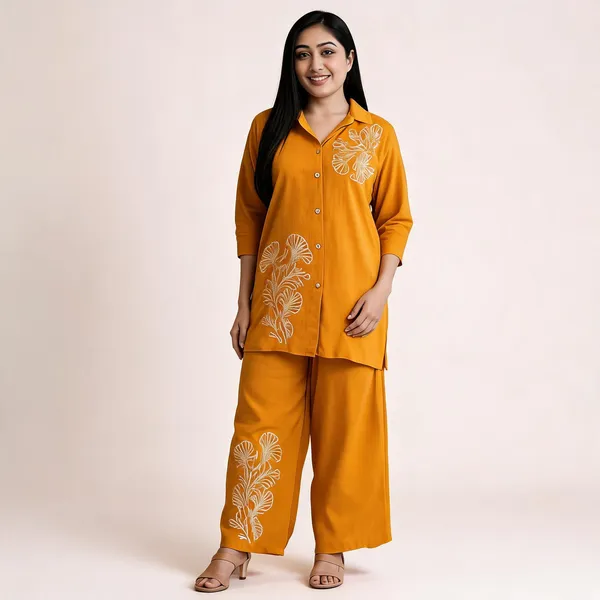 Mustard_Cotton_Floral_Embroidered_Shirt_Palazzo_Co-Ord_Set_For_Women