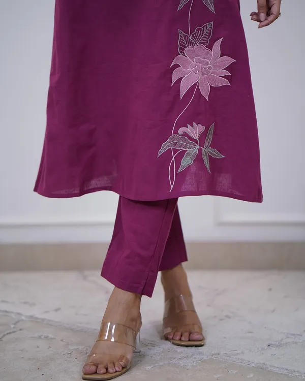 Magenta_Cotton_Floral_Embroidered_A-Line_Kurta_Set_For_Women