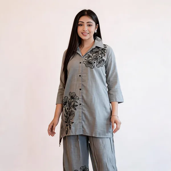 Grey_Cotton_Floral_Embroidered_Shirt_Co-Ord_Set_For_Women