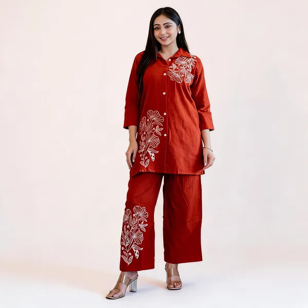 Rust_Cotton_Floral_Print_Shirt_Palazzo_Co-Ord_Set_For_Women
