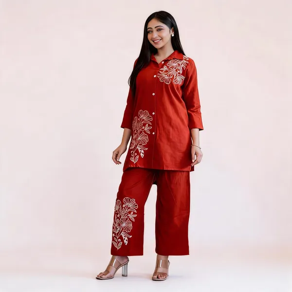 Rust_Cotton_Floral_Print_Shirt_Palazzo_Co-Ord_Set_For_Women