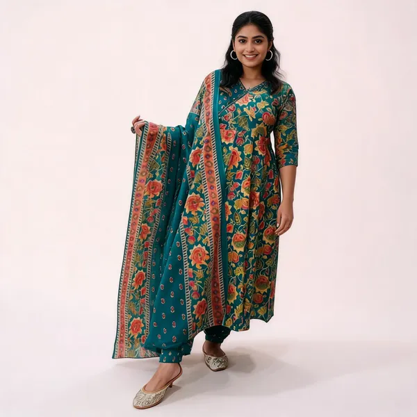 Teal_Cotton_Floral_Print_Anarkali_Suit_Set_For_Women