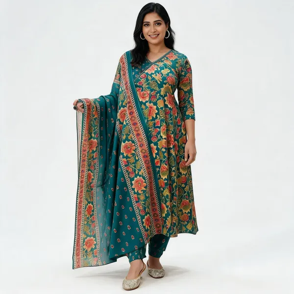 Teal_Cotton_Floral_Print_Anarkali_Suit_Set_For_Women