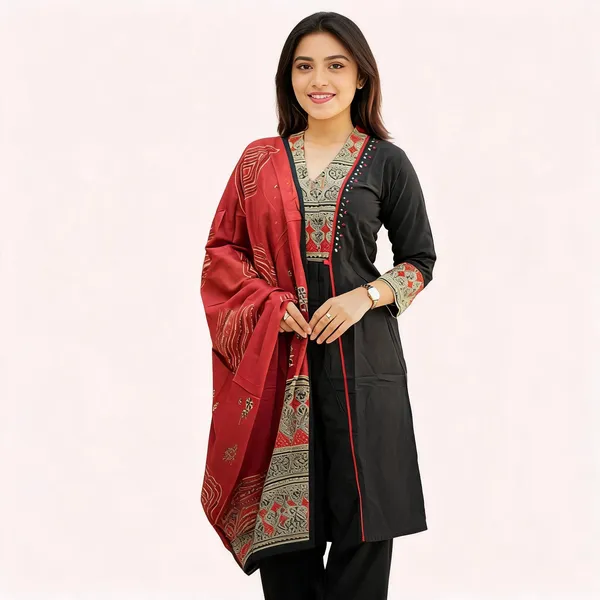 Black_Cotton_Ajrakh_Print_Kurta_Set_With_Dupatta_For_Women