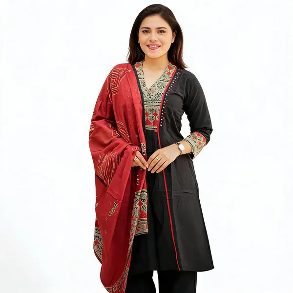 Black_Cotton_Ajrakh_Print_Kurta_Set_With_Dupatta_For_Women
