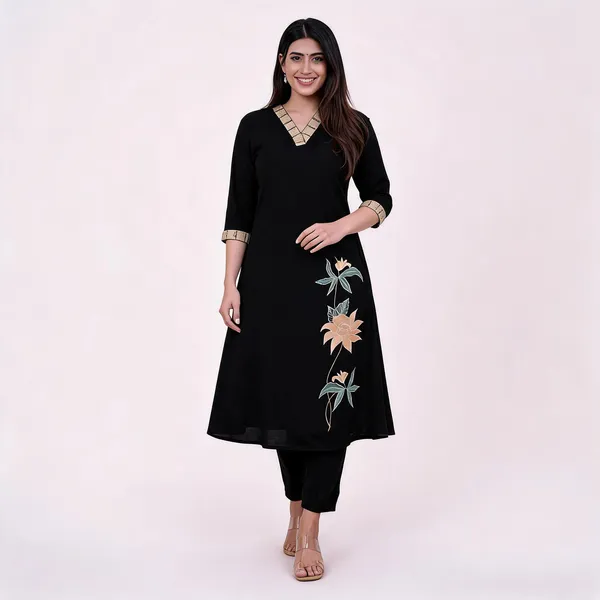 Black_Cotton_Floral_Embroidered_A-Line_Kurti_For_Women