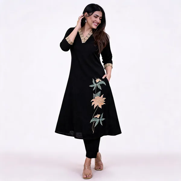 Black_Cotton_Floral_Embroidered_A-Line_Kurti_For_Women