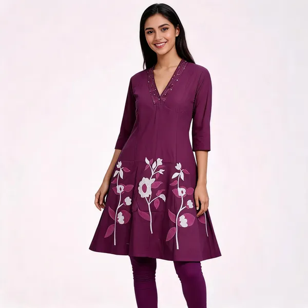 Wine_Cotton_Floral_Embroidered_Flared_Kurta_Set_For_Women