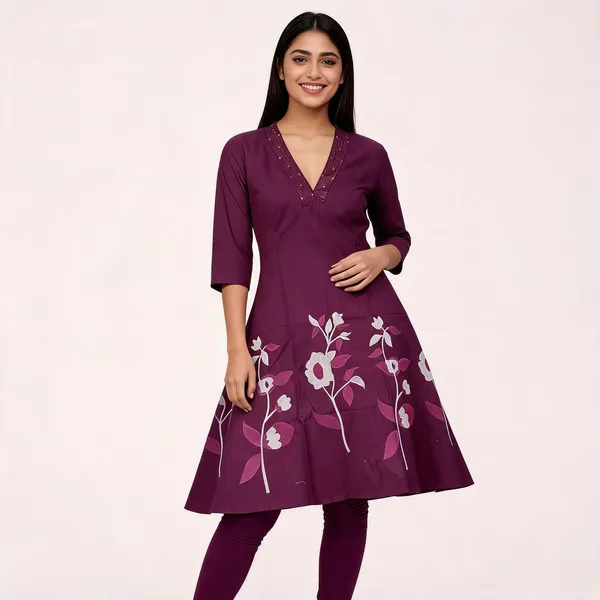 Wine_Cotton_Floral_Embroidered_Flared_Kurta_Set_For_Women