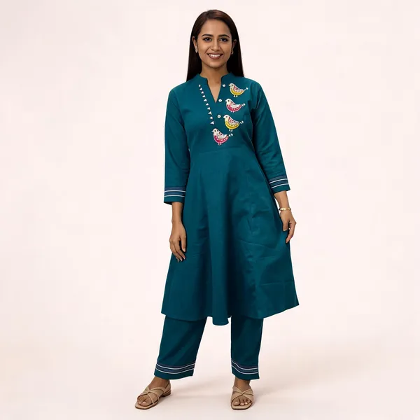 Teal_Cotton_Bird_Embroidered_Anarkali_Kurta_Set_For_Women