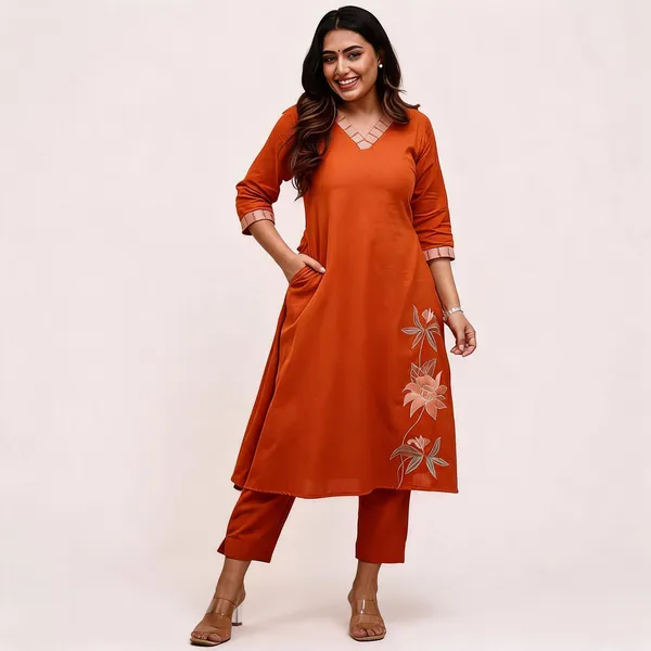 Rust_Orange_Cotton_Embroidered_A-Line_Kurta_Set_For_Women