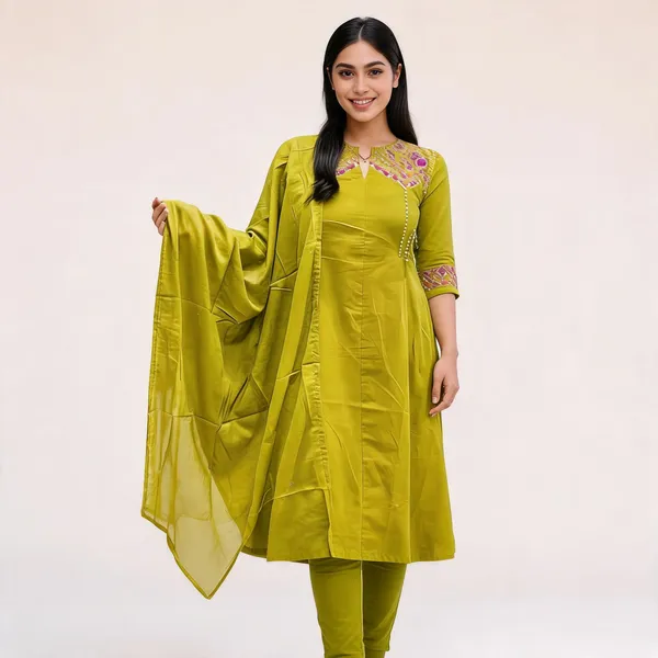 Mehndi_Green_Cotton_Embroidered_Anarkali_Kurta_Set_For_Women