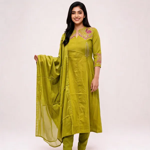 Mehndi_Green_Cotton_Embroidered_Anarkali_Kurta_Set_For_Women