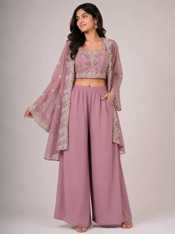 Dusty_Mauve_3-Piece_Georgette_Indo-Western_Set_–_Embroidered_Crop_Top,_Wide-Leg_Palazzo_&_Sheer_Jacket