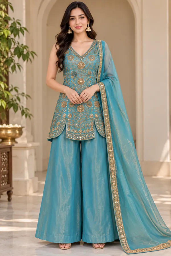 Partywear_3-Piece_Teal_Embroidered_Palazzo_Set_with_Dupatta