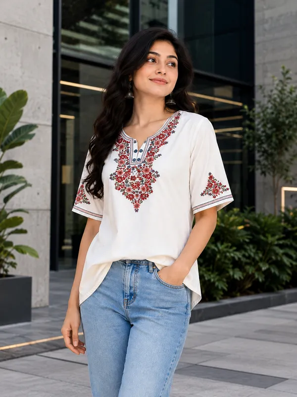Rievera_Women's_White_Floral_Embroidered_Short_Kurti_|_Casual_Ethnic_Top_|_Half_Sleeves_|_Round_Neck