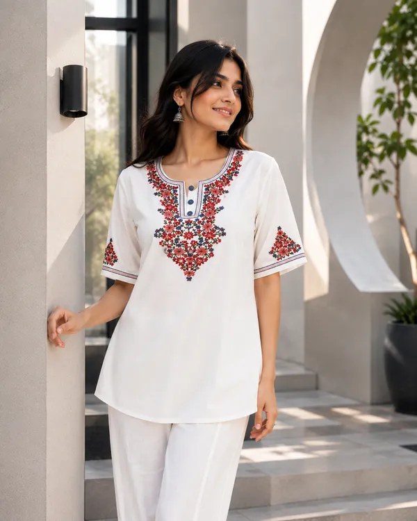 Rievera_Women's_White_Floral_Embroidered_Short_Kurti_|_Casual_Ethnic_Top_|_Half_Sleeves_|_Round_Neck
