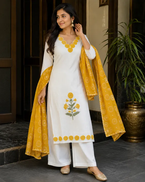 Women's_Unstitched_5_Meter_All_Over_Grace_Cotton_Suit_Material_with_Embroidered_Neck_|_White_&_Mustard_Yellow_|_Punjabi_Dress_Material