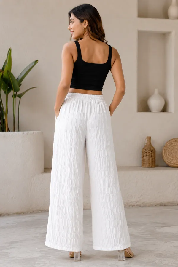 Women's_White_Textured_Wide_Leg_Palazzo_|_Elastic_Waist_|_Summer_Casual_Palazzo