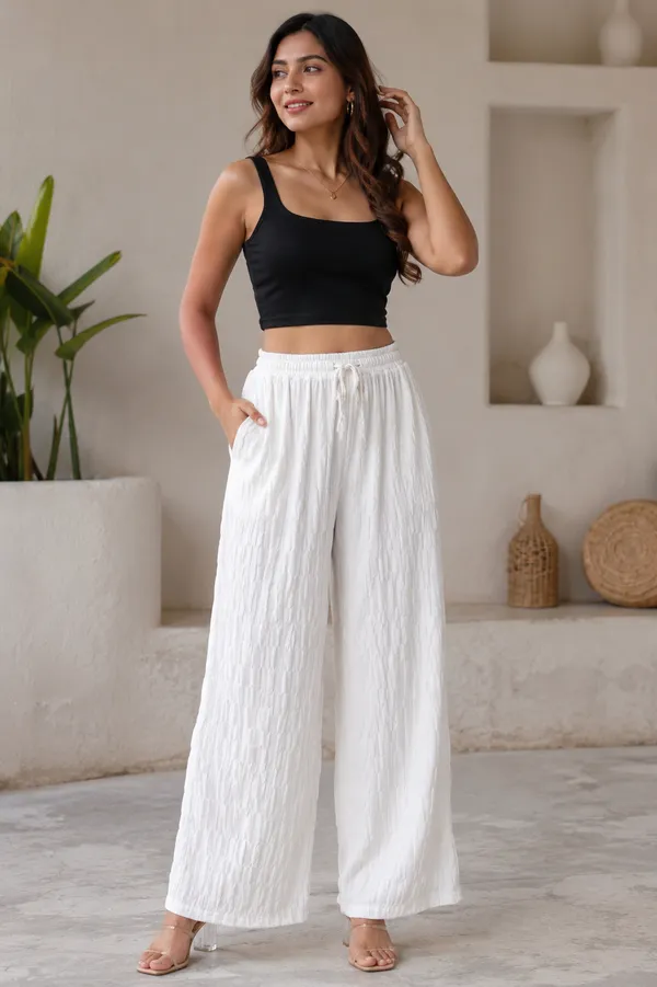 Women's_White_Textured_Wide_Leg_Palazzo_|_Elastic_Waist_|_Summer_Casual_Palazzo