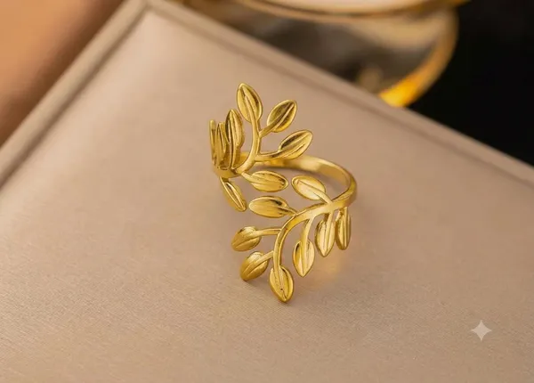 Gold-Tone_Stainless_Steel_Laurel_Leaf_Open_Adjustable_Ring_For_Women