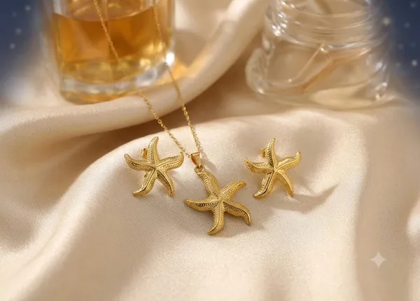 Gold_Steel_Starfish_Pendant_Necklace_And_Earrings_Set_For_Women