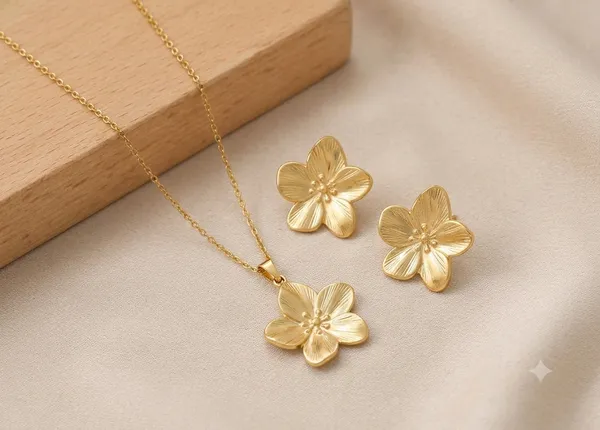 Gold_Steel_Five_Petal_Floral_Necklace_And_Earrings_Set_For_Women
