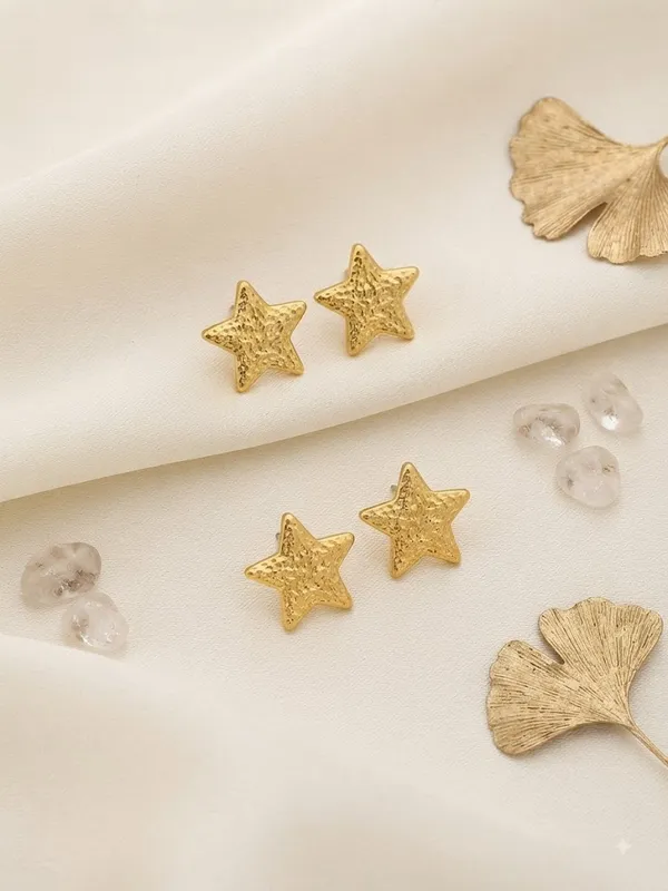 Gold-Tone_Stainless_Steel_Textured_Star_Stud_Earrings_For_Women