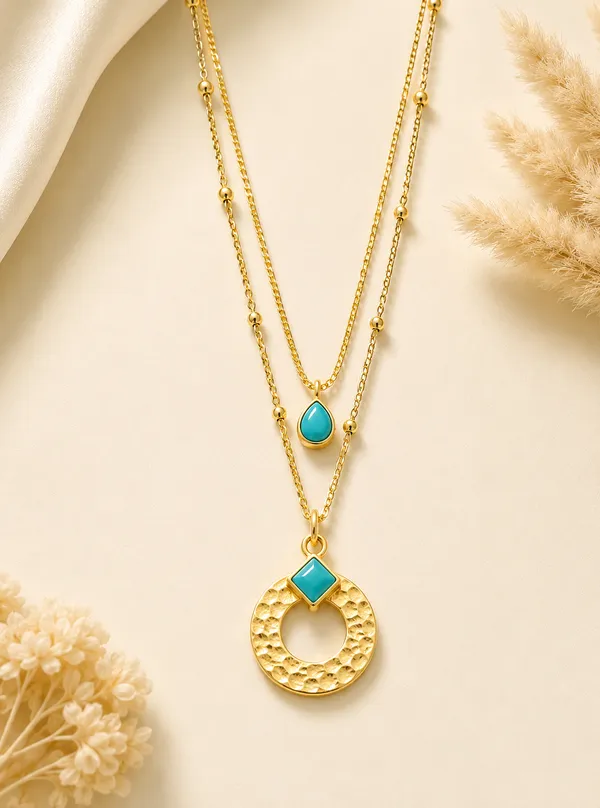 Gold_Steel_Turquoise_Accent_Layered_Necklace_For_Women