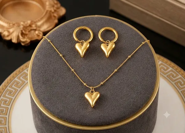 Gold_Steel_Heart_Pendant_Necklace_And_Earrings_Set_For_Women
