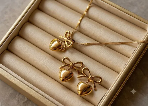 Gold_Steel_Bow_Heart_Pendant_Necklace_And_Earrings_Set_For_Women