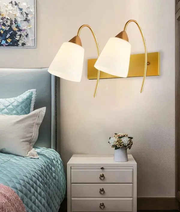 SWIATLO_Double_Tapper_Design_Double_Shade_Wall_Lamp/Wall_Light_to_Décor_Home/Living_Room/Bedroom/Office/Dining/Cafe/Restaurants,_Golden_and_Milky_(with_Bulb)