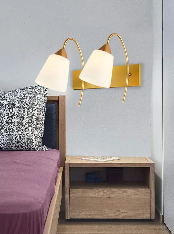 SWIATLO_Double_Tapper_Design_Double_Shade_Wall_Lamp/Wall_Light_to_Décor_Home/Living_Room/Bedroom/Office/Dining/Cafe/Restaurants,_Golden_and_Milky_(with_Bulb)