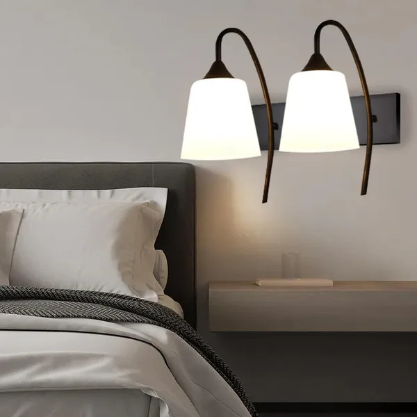 SWIATLO_Double_Tapper_Design_Double_Shade_Wall_Lamp/Wall_Light_to_Décor_Home/Living_Room/Bedroom/Office/Dining/Cafe/Restaurants,_Black_and_Milky_(with_Bulb)