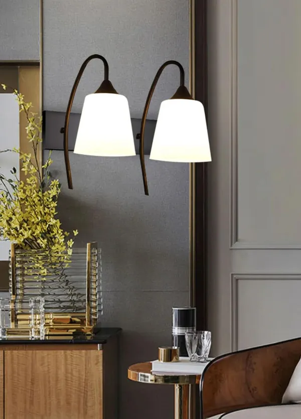 SWIATLO_Double_Tapper_Design_Double_Shade_Wall_Lamp/Wall_Light_to_Décor_Home/Living_Room/Bedroom/Office/Dining/Cafe/Restaurants,_Black_and_Milky_(with_Bulb)