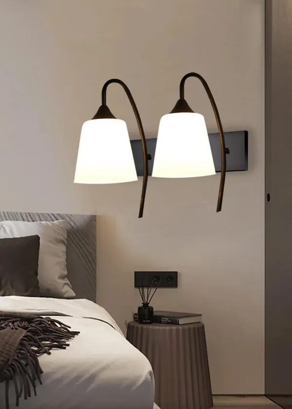 SWIATLO_Double_Tapper_Design_Double_Shade_Wall_Lamp/Wall_Light_to_Décor_Home/Living_Room/Bedroom/Office/Dining/Cafe/Restaurants,_Black_and_Milky_(with_Bulb)